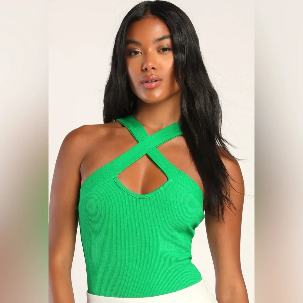 LULU’S WEEKEND OUTING GREEN RIBBED CROSS-FRONT BODYSUIT